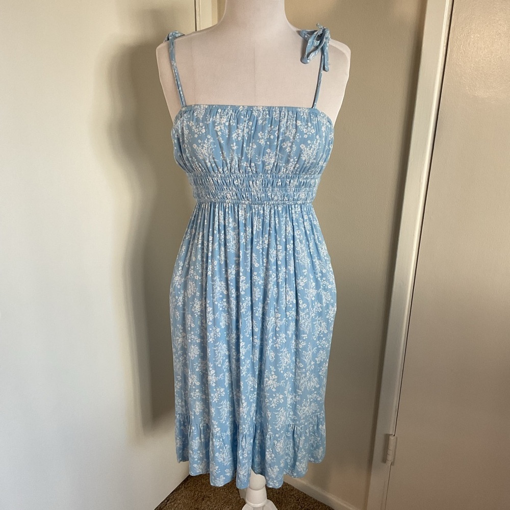Light Blue Floral Midi Dress Small A-Line Summer Cottagecore Tie Strap Plaid - Picture 1 of 5
